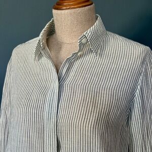 Women's Theory Button Down Shirt | Size P | Off White Linen Oxford Stripe
